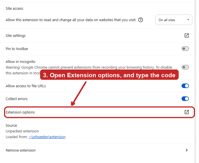 The JobSeeker Bridge extension's Details page
          in Chrome, with the Extension options row circled.
