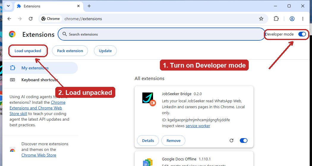 Chrome's Extensions page on Windows with
          the Developer mode switch and the Load unpacked button circled and numbered, and the
          JobSeeker Bridge card loaded below.