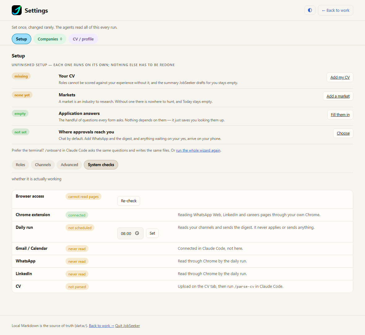 The same JobSeeker Settings
          page, now with the Chrome extension row reading 'connected' and the instructions gone.