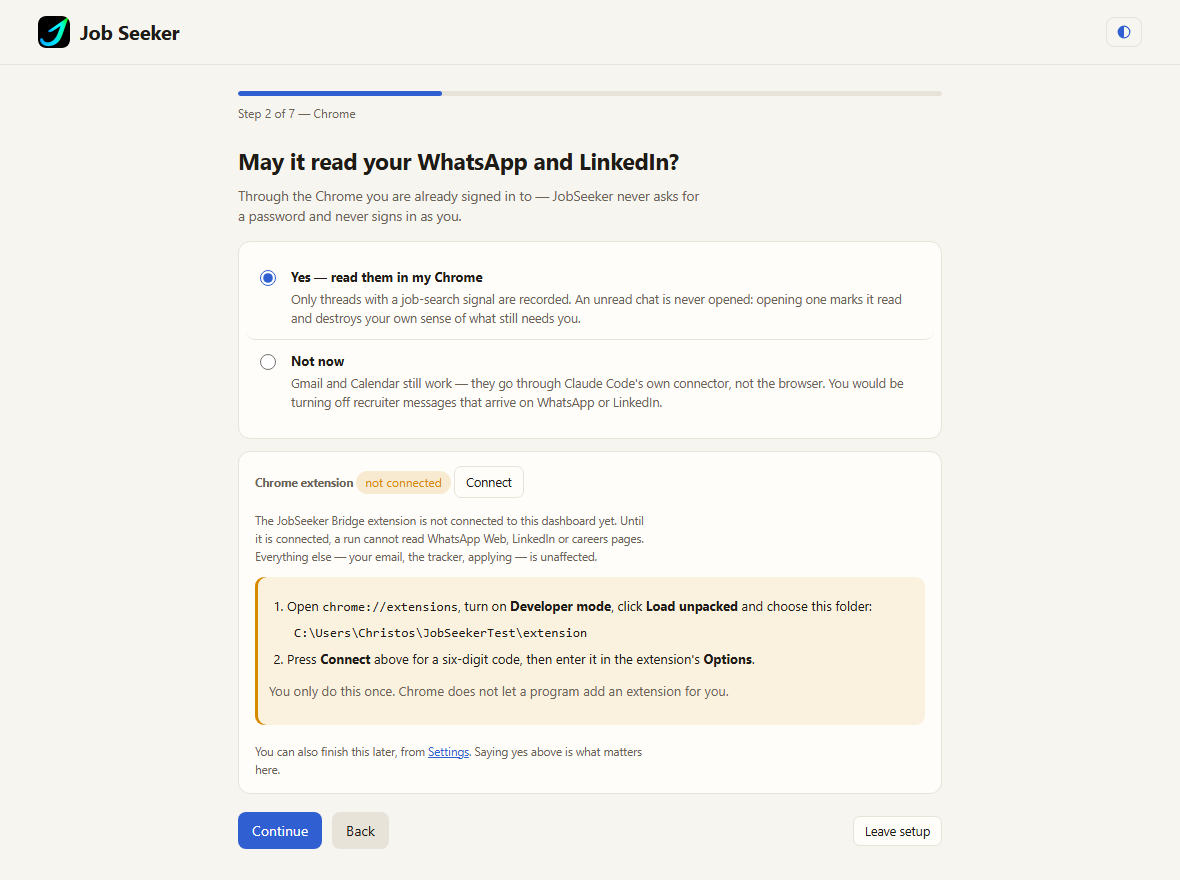 The JobSeeker setup window on Windows
          asking whether it may read WhatsApp and LinkedIn through Chrome, with the extension panel
          and its instructions underneath.